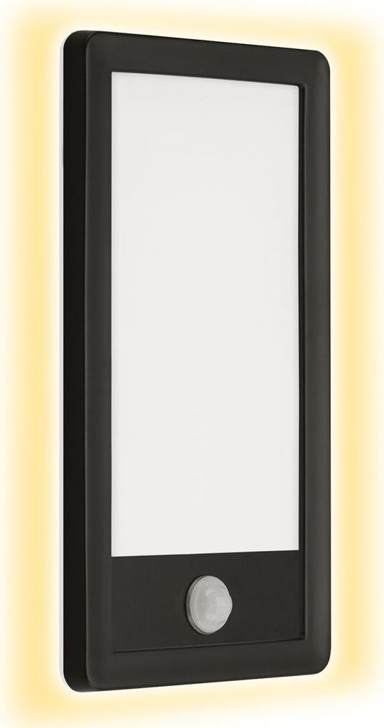 A black and white LED outdoor light with a motion sensor.