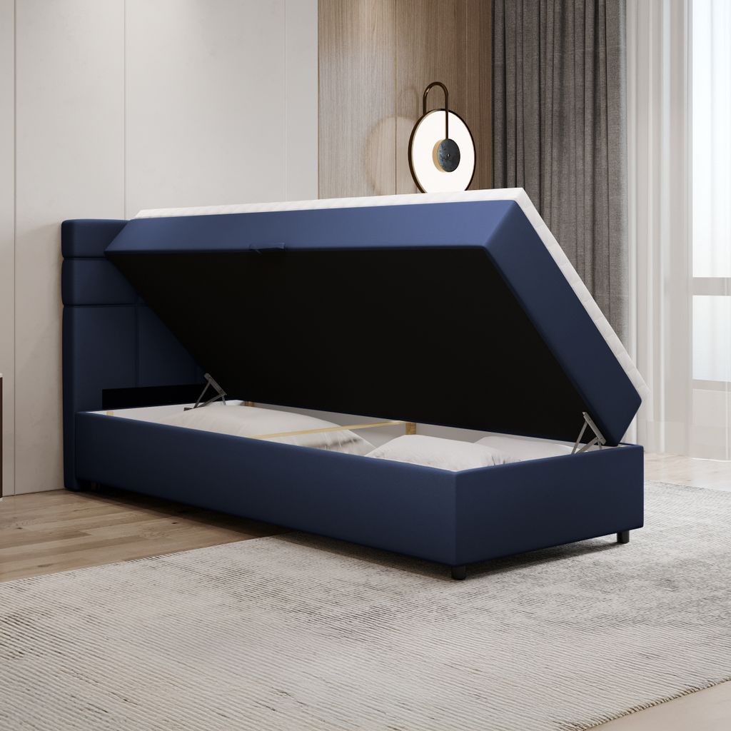 Boxspringbett 90x200, mit Bettkasten, Dunkelblau, Matratze und Topper, Einzelbett, REVE, Panda Möbel