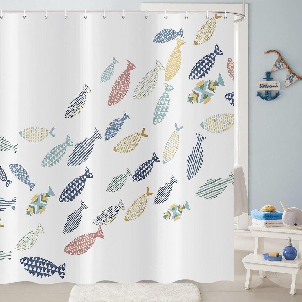 Duschvorhang mit Fischmotiv, 180 x 200 cm, farbenfroh, cartoonartig, weiß, minimalistischer Badvorhang aus wasserdichtem Polyester, waschbar, mit ...
