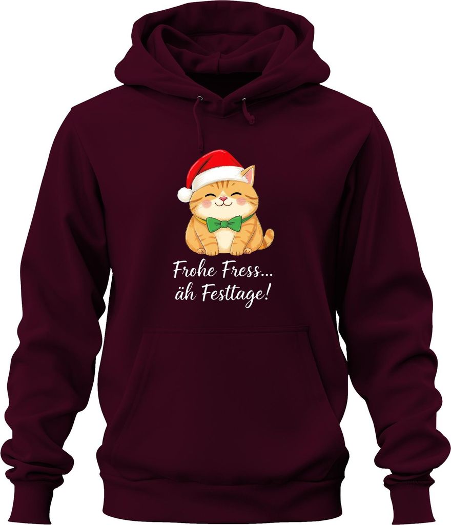 Frohe Fress äh Festtage Katzenliebhaber Katze Weihnachten lustig Uni Hoodie Kapuzenpullover, Burgundy, XL