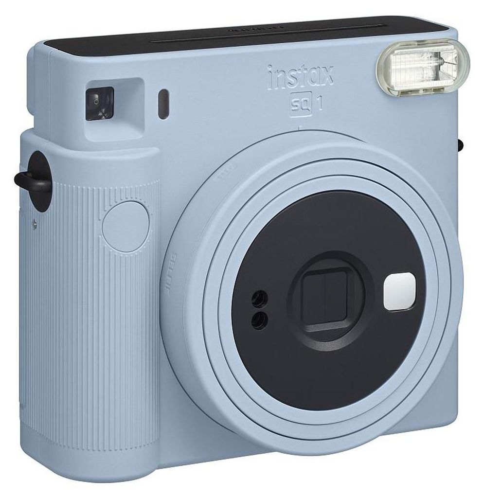 A light blue Fujifilm Instax Square SQ 1 instant camera is shown from a front-side angle against a white background.