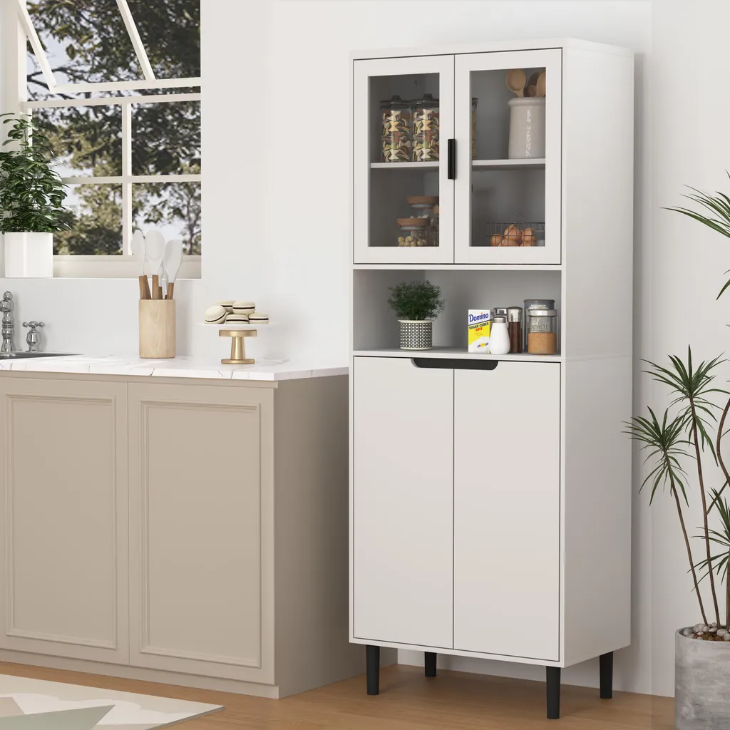 Armoire Vitrine Blanche avec Portes en Verre et Tiroirs de Rangement