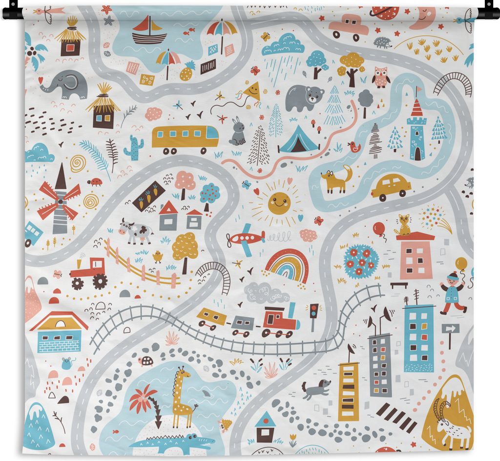 MuchoWow Wandteppich Wandbehang Kinder - Auto - Stadt - Tiere 90x90 cm Tapisserie Dekoration Wandtuch - Wandaufhänger