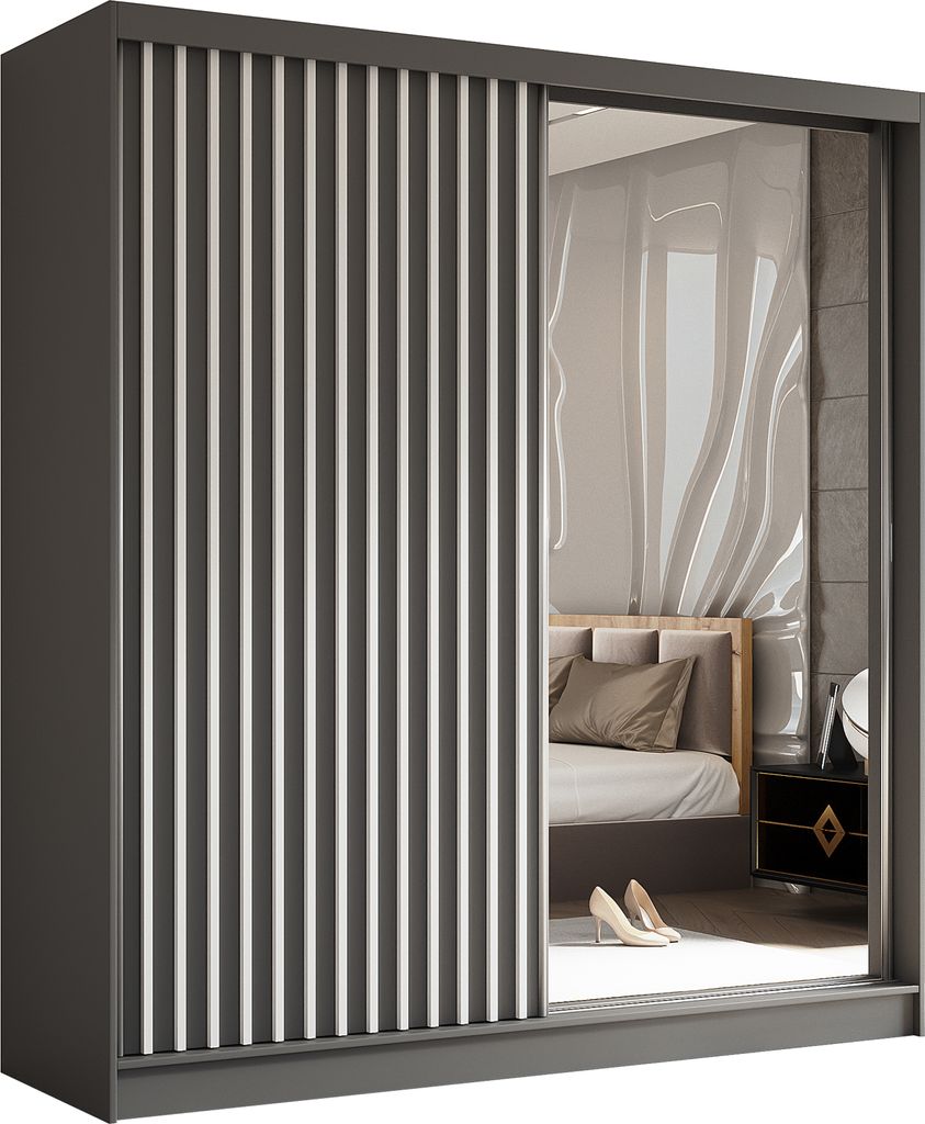 200 cm Kleiderschrank Erika mit Lamellen und Spiegel inklusive 2 Schiebetüren Schwebetürenschrank (Farbe: grau, grau, Lamelle weiß)