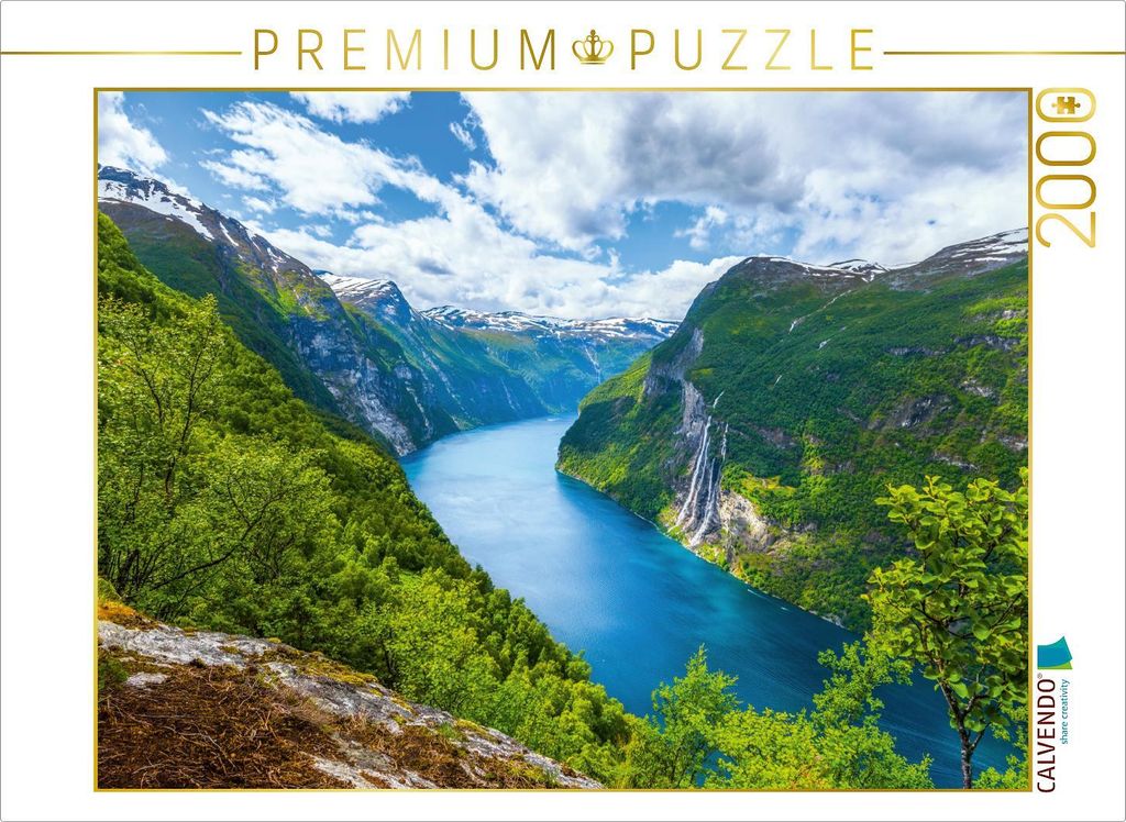CALVENDO Puzzle Wasserfall "Sieben Schwestern" und der Geirangerfjord 2000 Teile Puzzle quer | 2000 Teile Lege-Größe 90x67cm Foto-Puzzle für gl...