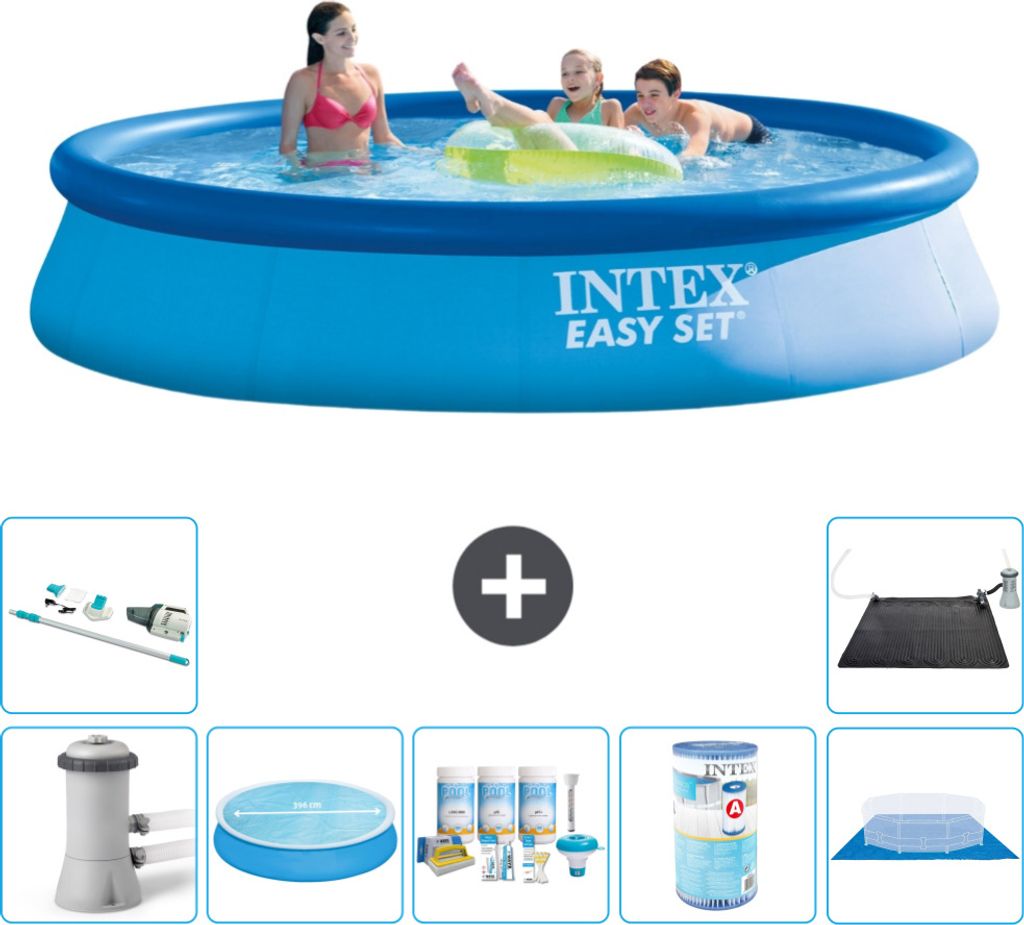 Intex runder aufblasbarer Easy Set-Schwimmpool – 396 x 84 cm – Blau – inklusive Pumpe Sonnensegel - Wartungspaket - Filter - Bodenplane - Sta...