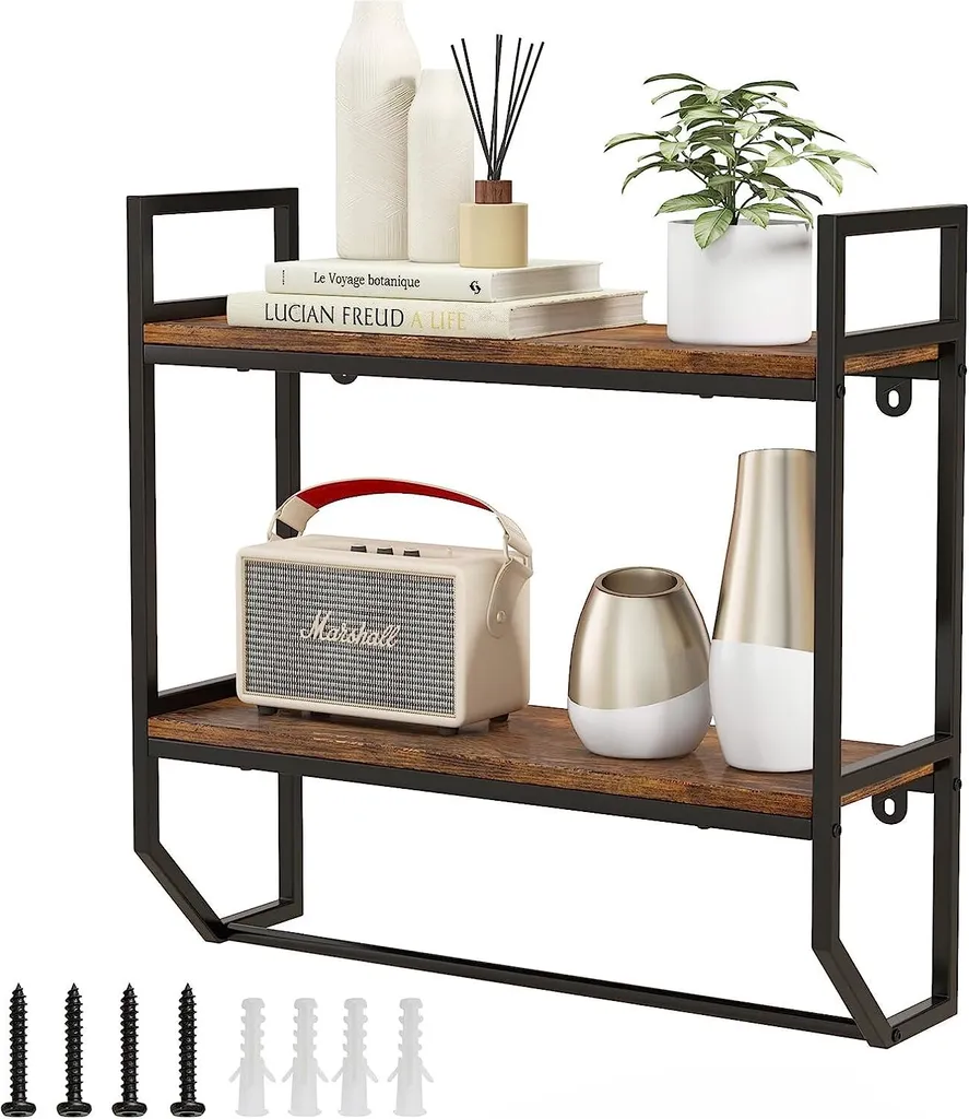 COSTWAY Scaffale da parete a 2 livelli in legno industriale, scaffale galleggiante con barra, scaffale con struttura in metallo, ideale per soggiorno, cucina e bagno