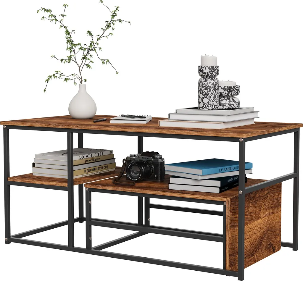 Set 2 Tavolini Quadrati in Legno Rustico con Base Nera Moderna - 2
