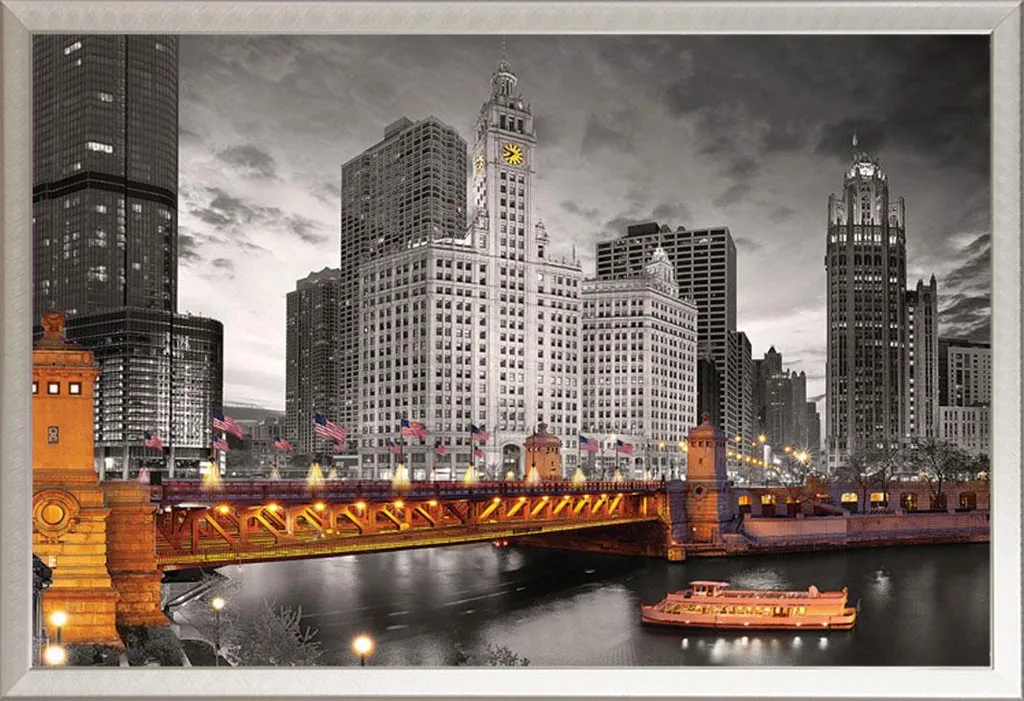 Décoration Murale Chicago Michigan Avenue avec Cadre Argenté Amovible