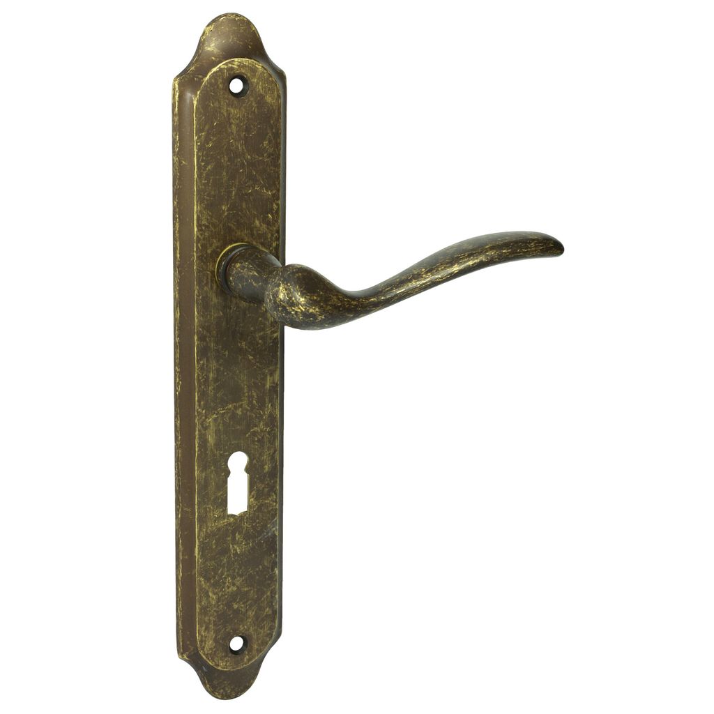 A single antique gold door handle set on a white background.