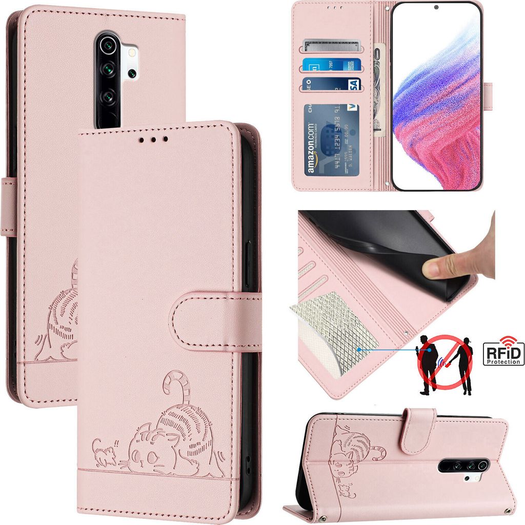 Leder Hülle für Xiaomi Redmi Note 8 Pro Süße Katze Flip Case Brieftasche Schutzhülle mit Standfunktion Pink