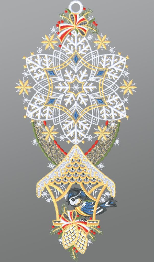 Fensterbild aus Plauener Spitze - Blaumeise im Vogelhäuschen (Bx H) 18cm * 41cm mehrfarbig Fensterdekoration Fensterschmuck