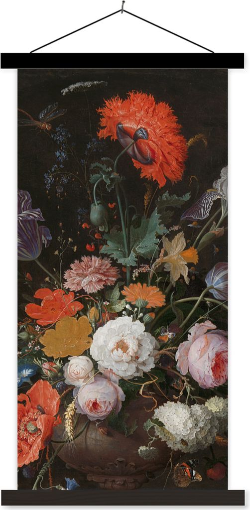MuchoWow Textilposter Stilleben mit Blumen und einer Uhr - Gemälde von Abraham Mignon 90x180 cm mit schwarzem Rahmen - Dekoration Wohnzimmer