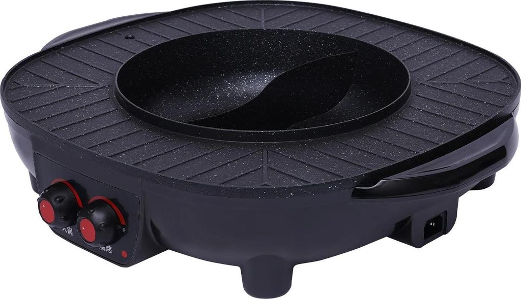 2-in-1 Elektrogrill mit Hot Pot - Tischgrill und Suppentopf - 2000 W - Glasdeckel - Für Familie & Party - Schwarz