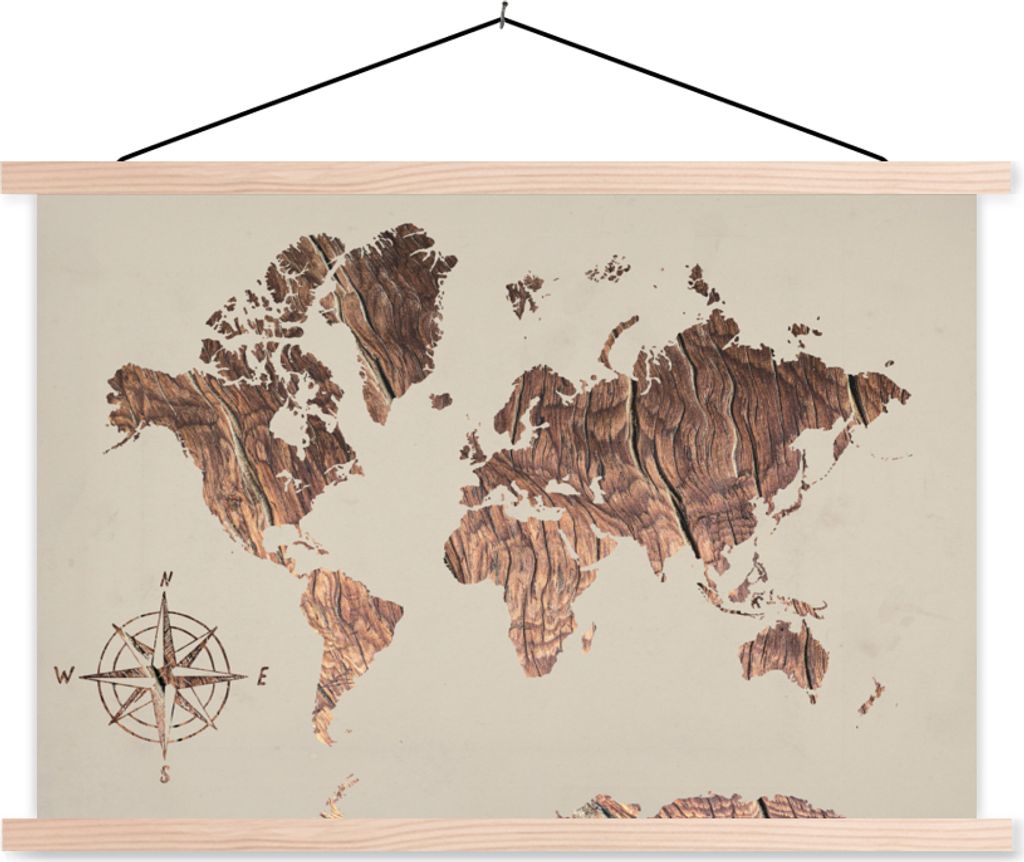 MuchoWow Textilposter Weltkarte - Holz - Windrose 120x80 cm mit holzfarbenen Rahmen - Aufhängeset