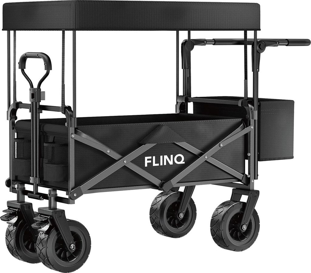 FlinQ Bollerwagen mit Dach bis 130 kg – faltbar – Strandwagen mit Schubstange – 100 l – drehbare Räder – Schwarz