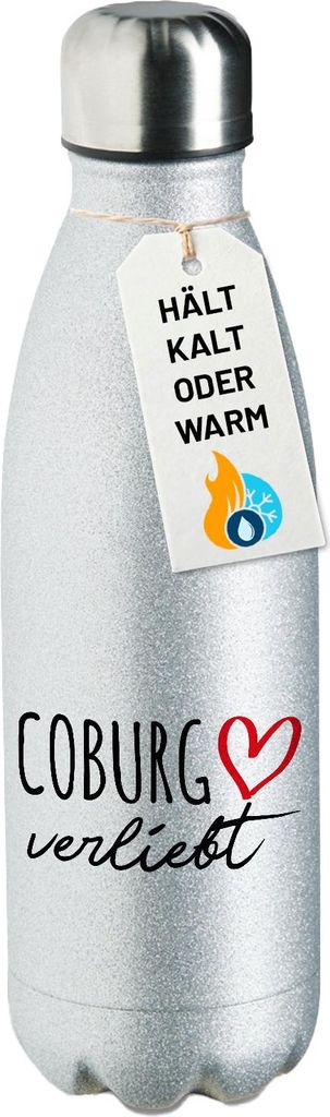 Huuraa Trinkflasche Coburg verliebt 500ml Silver Edelstahl Wasserflasche Trinkflasche Geschenkidee
