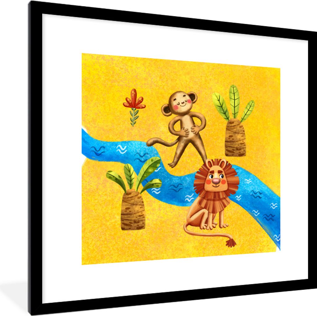 MuchoWow MuchoWow Gerahmtes Poster Affe - Löwe - Dschungel - Fluss 40x40 cm - Poster mit zchwarzem Bilderrahmen - Poster - Plakat im Rahmen
