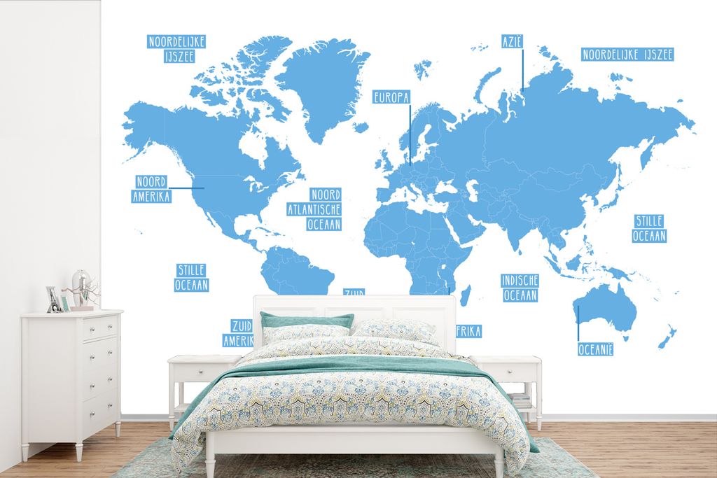 MuchoWow Fototapete für Wohnzimmer oder Schlafzimmer Wandtapete Vinyl Motivtapete Weltkarte - Blau - Einfach - 390x260 cm - Papiertapete