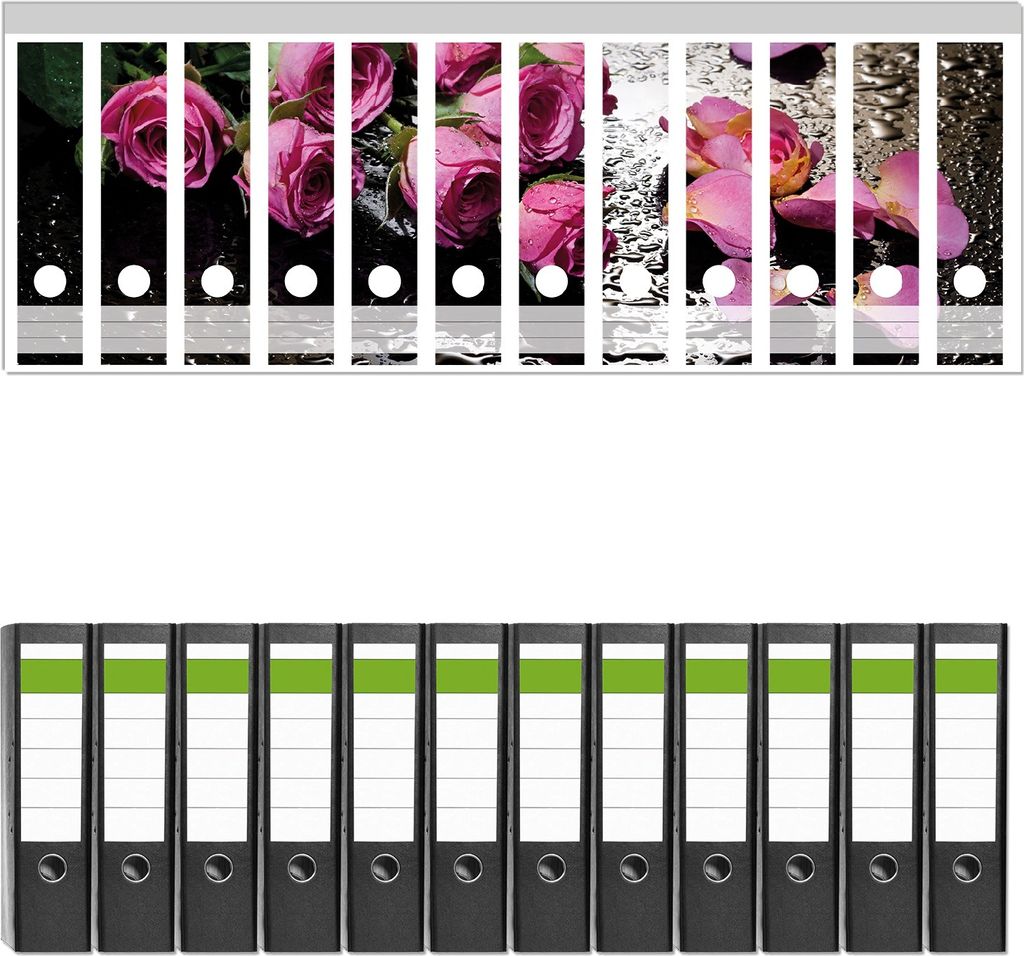 Wallario 12 Stück breite Ordner inkl. Klebeetiketten mit Motive Pinke Rosen mit Wassertropfen - Set mit Rückenschildern / Ordnerrücken Stickern