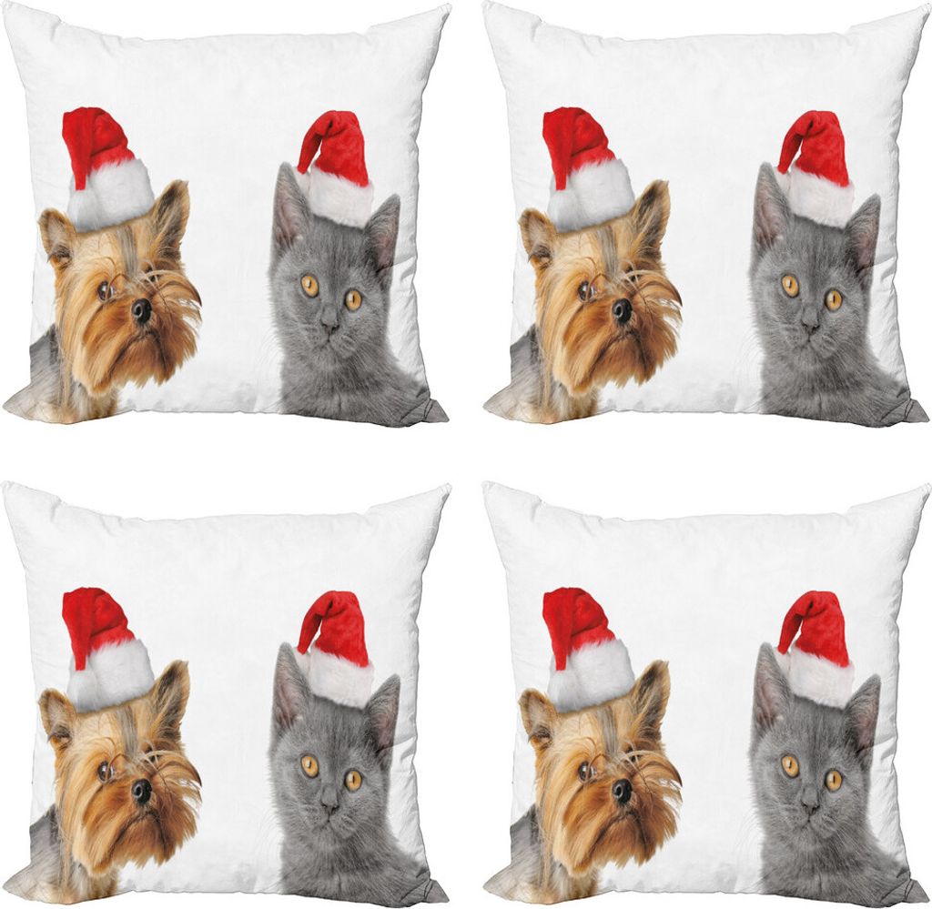ABAKUHAUS Weihnachten Kissenbezug Set (4 Stück), Katze Hund Weihnachtsmütze, Moderner Doppelseitiger Digitaldruck, 45 cm x 45 cm, Orange, Grau, Rot