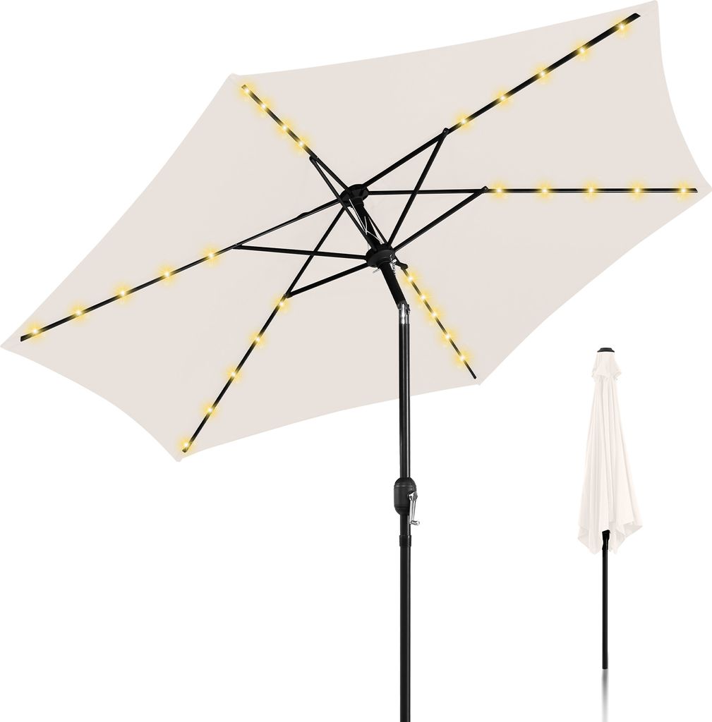 Hengda Sonnenschirm Ampelschirm 270 cm mit LED Solar, um 30° knickbar, UV-Schutz, Kurbel - Beige - Gartenschirm Marktschirm Kurbelschirm