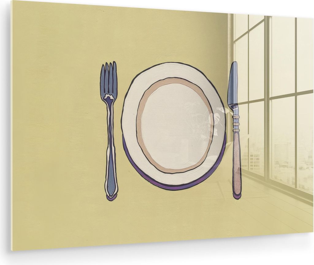 MuchoWow Glasbilder - Bilder auf Wandbild - Foto auf Glas Illustration - Teller - Besteck - Beige 30x20 cm Wanddekoration aus Glas - Acrylglasbild ...