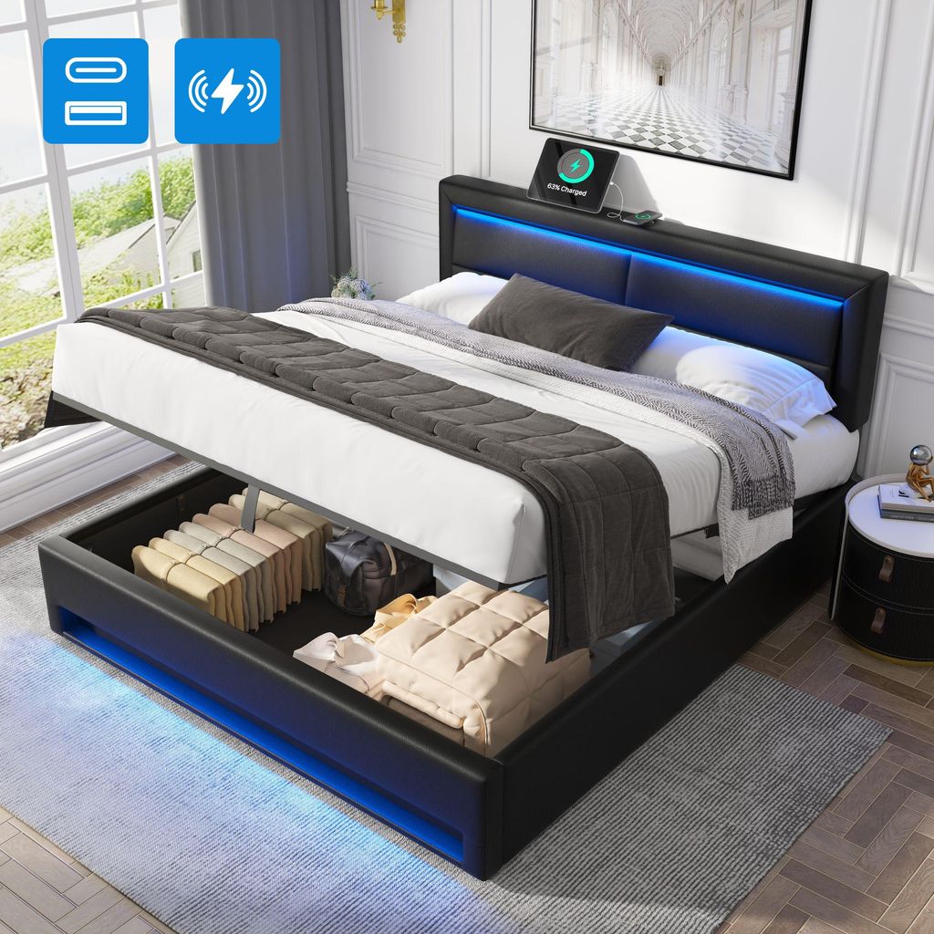 Letto imbottito 140 x 200 cm, con connessione USB, con Immagine del prodotto 