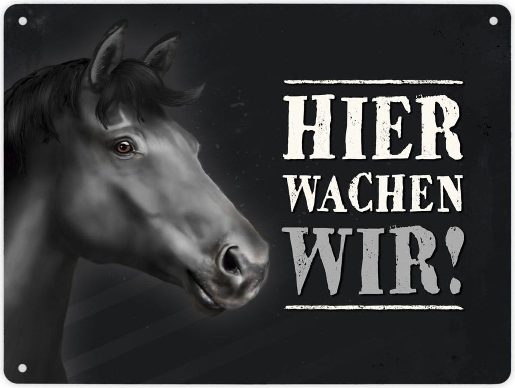 Hier wachen wir! Metallschild XL mit Pferd Motiv Schild Blechschild