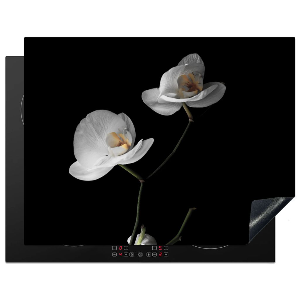 KitchenYeah Herdabdeckplatte Orchidee - Blumen - Schwarz - Weiß - Stilleben , 77x59cm, Küche Deko, Glaskeramikkochfeld Herdabdeckung, Abdeckpla...