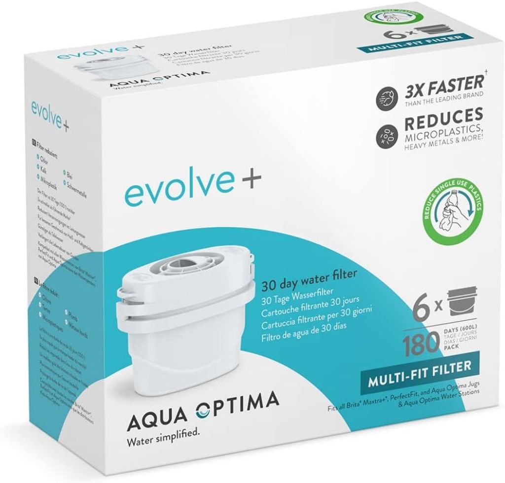 A product box for Aqua Optima Evolve+ water filters.