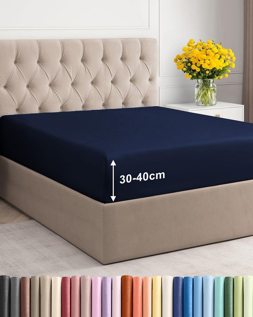 Spannbettlaken 150 x 200 cm, marineblau – 40 cm tiefe Ecken – hochwertige Mikrofaser – weich und knitterfrei – atmungsaktiv, hypoallergen, ...