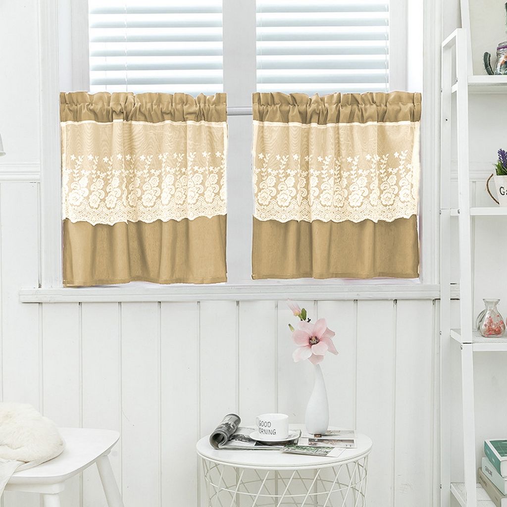 2er-Pack Spitzen Kurz Vorhängen aus Polyester Baumwolle, Moderner Halbvorhang für Küche, Bad, Bistro, Größe: 74x61cm, Farbe: Beige