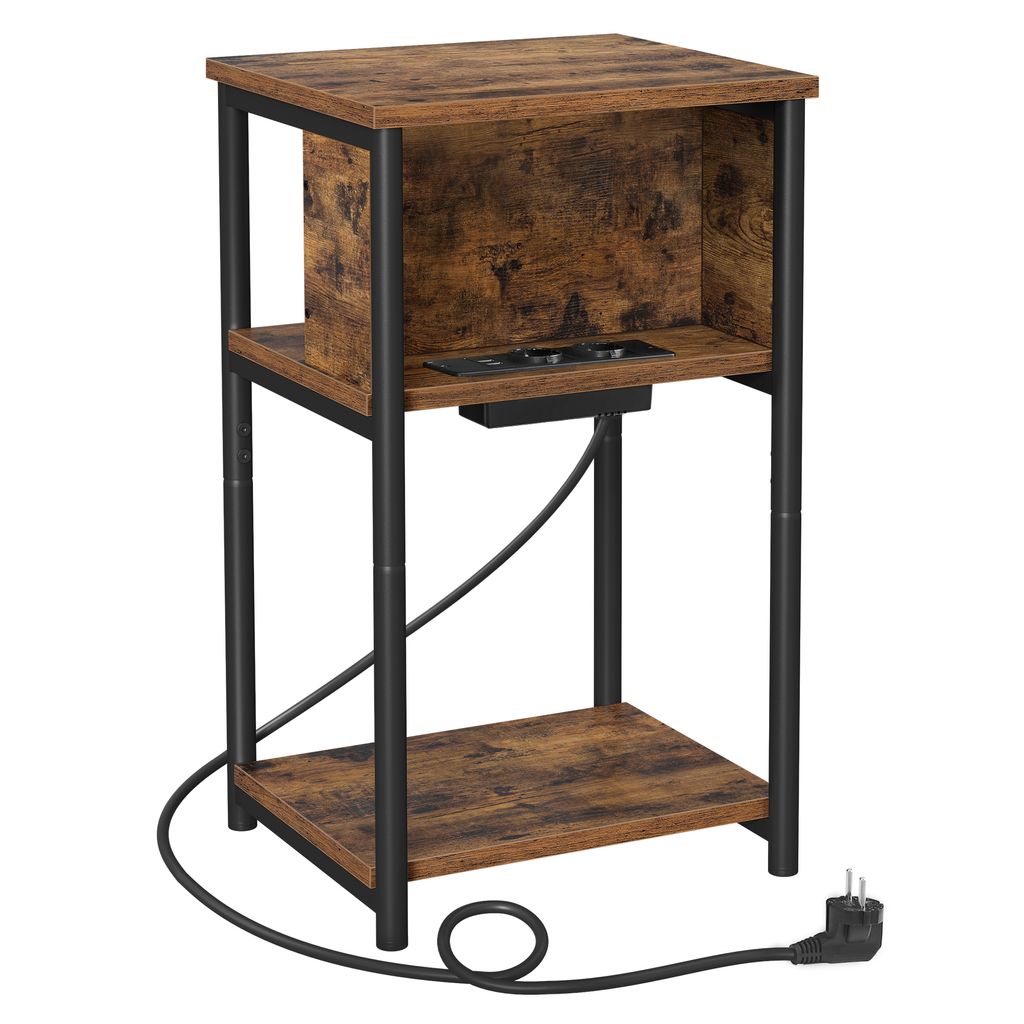 A small, multi-level side table with an integrated power outlet and USB ports.