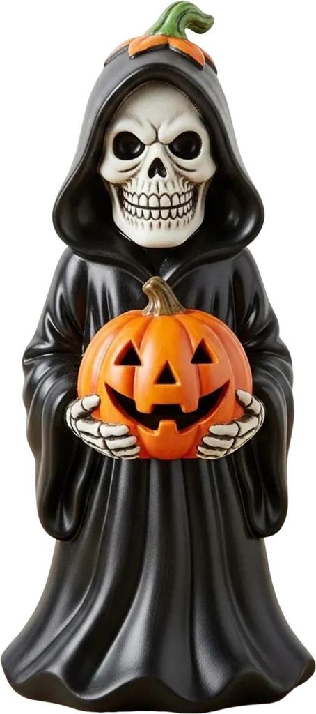 Halloween Schädel Kürbis Figurine Harz Skelett Halten Kürbis Statue Spooky Tabletop Ornamente für Indoor Home Decor