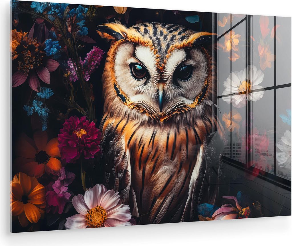 MuchoWow Glasbilder - Bilder auf Wandbild - Foto auf Glas Eule - Blumen - Farbenfroh - Natur 60x40 cm Wanddekoration aus Glas - Acrylglasbild - Acr...