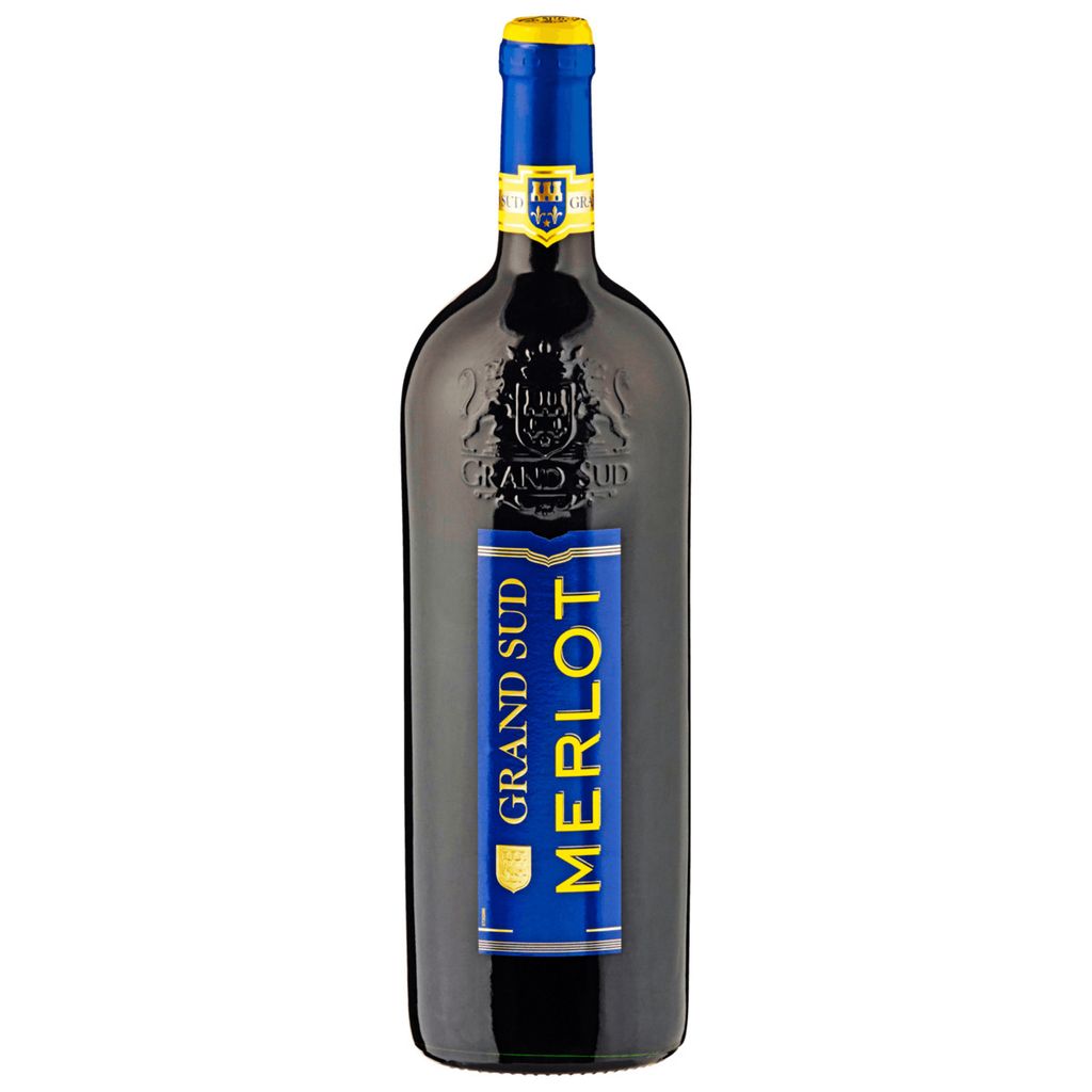 A bottle of Grand Sud Merlot wine against a white background.