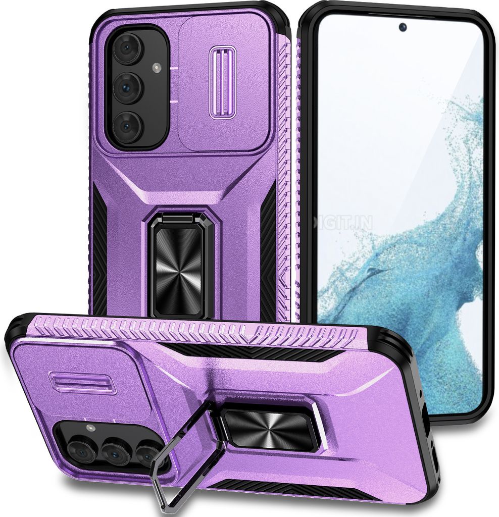 Handyhülle für Samsung Galaxy A54 5G Dual Layer Hülle mit Schiebe Kamera Schutz und Ringhalter Ständer Lila