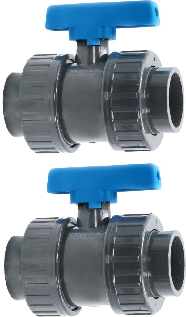 HAF 2x PVC 2 Wege Kugelhahn Blauer Griff mit 50mm | Klebemuffe x Klebemuffe | Absperrhahn aus grauem PVC-U | PN16 für PVC Verrohrung, Pool & Teich
