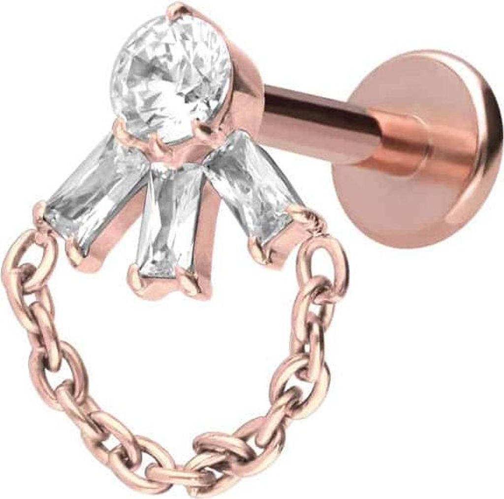 Ohrpiercing, Nasenpiercing Titan Labret mit Innengewinde LOTUSBLÜTE + KETTE RoséGold Stablänge: 7mm | Stabstärke: 1,2mm