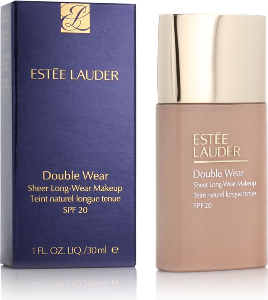 A product shot of Estee Lauder Double Wear Sheer Long-Wear Makeup foundation bottle and its packaging.