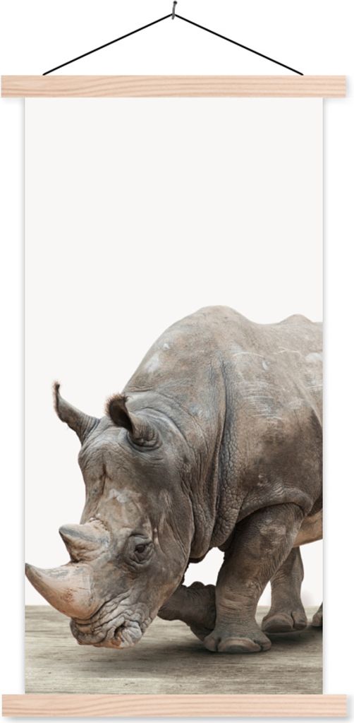 MuchoWow Textilposter Nashorn - Jungen - Wildtiere - Kinder - Mädchen - Tiere 60x120 cm mit holzfarbenen Rahmen - Holz