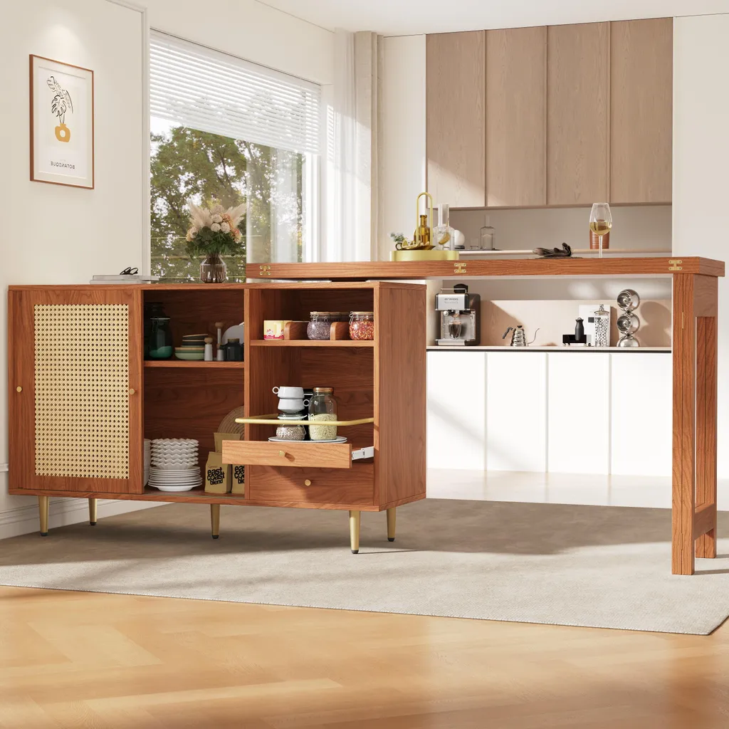 Table de bar extensible avec rangement en rotin et plateau orientable