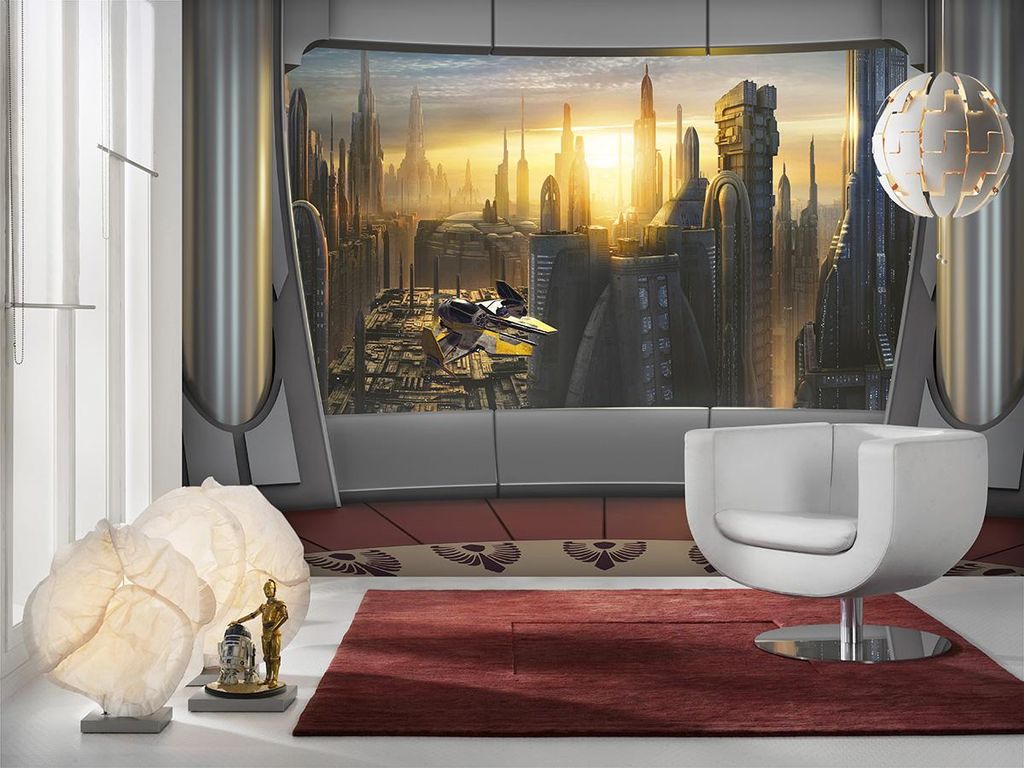 Komar Fototapete "Star Wars Coruscant View", grau/schwarz/gelb, Sonnenuntergang, Planeten Coruscant, 368 x 254 cm