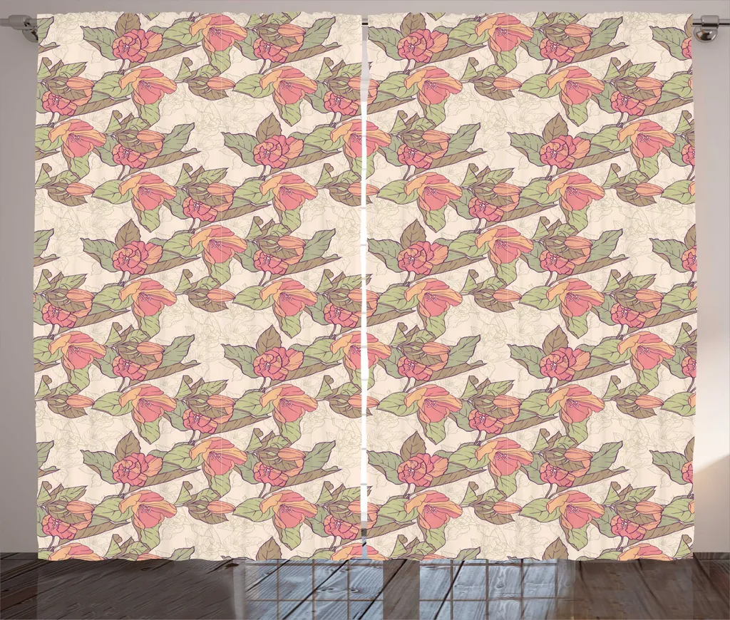 Rideau de Salon Floral Pastel Style Rustique avec Crochets - 280 x 225 cm