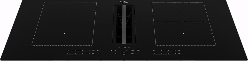 A black induction hob with an integrated downdraft extractor, shown from a slightly elevated front-facing angle on a white background.