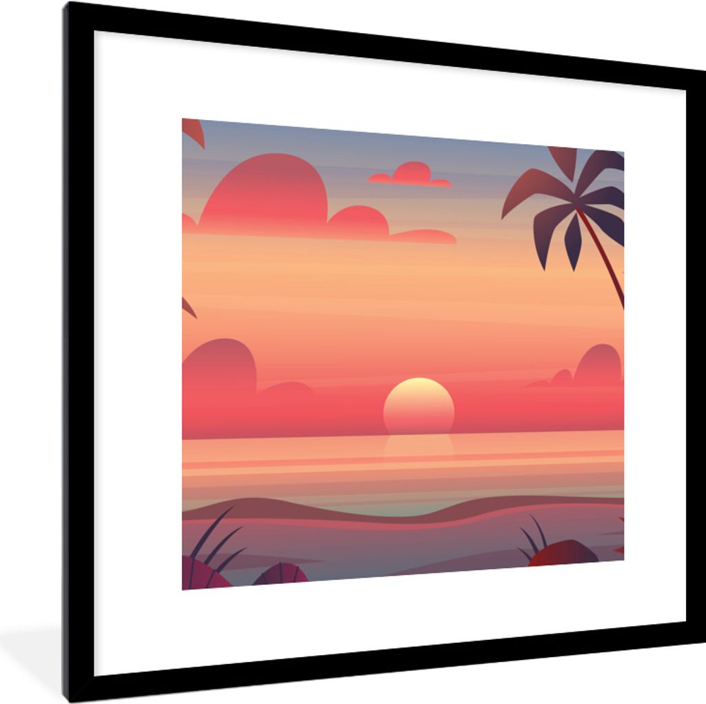 MuchoWow MuchoWow Gerahmtes Poster Sonne - Meer - Strand - Palme 40x40 cm - Poster mit zchwarzem Bilderrahmen - Poster - Plakat im Rahmen