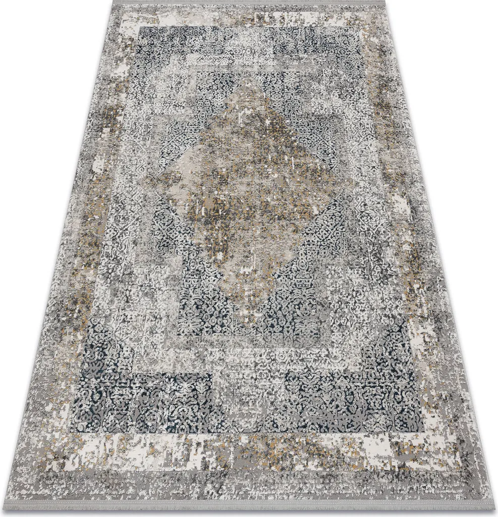 Tapis de salon style vintage TULS gris et ivoire à pompons 80x150 cm