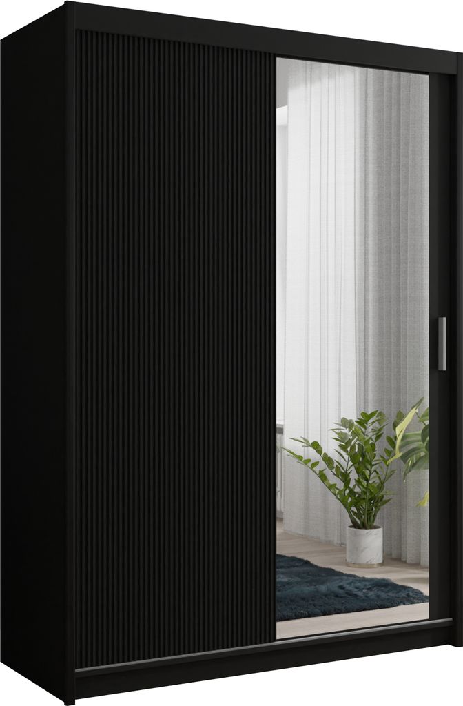 Kleiderschrank CHICAGO SLIM 150 cm mit Spiegiel Schrank Geriffelte Fronten Schwebetürenschrank 2-türig Kleiderstange Schwarz