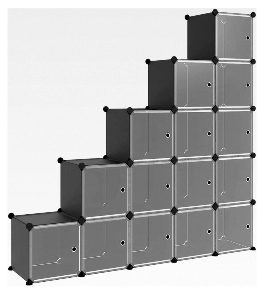 Regalsystem mit 15 Würfeln und Türen, Würfelregal mit viel Stauraum, Schuhregal mit Stahlrahmen, Standregal für das Büro, Schwarz